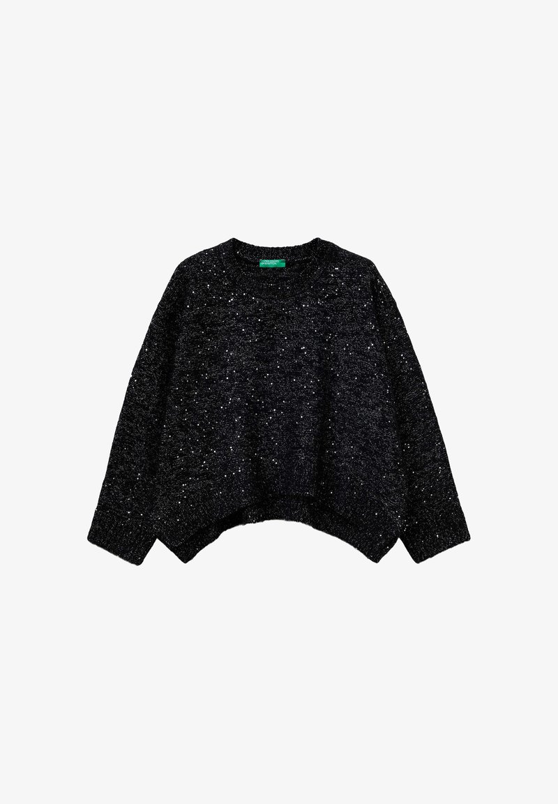 Czarny sweter dziany z okrągłym dekoltem, długimi rękawami i skróconym dołem. Tekstura zawiera przetykania jasnego koloru.