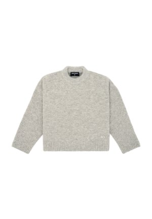 Grey knitted sweater with a crew neckline, long sleeves, and ribbed hems. Features a small white logo on the lower right side.