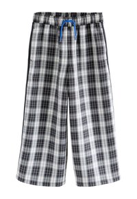 Pantalon à carreaux noir et blanc à coupe ample, doté d'une ceinture élastique et d'un cordon bleu. Tissu texturé avec poches latérales.