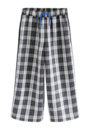 Must-valged ruudulised püksid lahtise lõikega, millel on elastne vöökoht ja sinine nöör. Tekstuuriga kangas küljetaskutega.