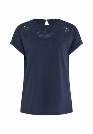 Top de manga corta para mujer de color azul oscuro con bordado floral recortado en el pecho y cierre con botón en forma de ojo de cerradura en la parte trasera.