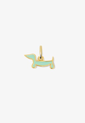 Gold and turquoise enamel dachshund dog charm with a loop for attaching to a bracelet or necklace, displayed on a white background.