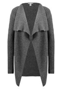 Gray houndstooth cardigan with an open front, oversized collar, and long sleeves. Made from textured fabric with a soft, warm appearance.