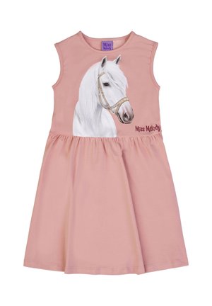 Abito rosa senza maniche con vita raccolta, caratterizzato da una testa di cavallo bianca con redine e la scritta "Miss Melody" sul petto.