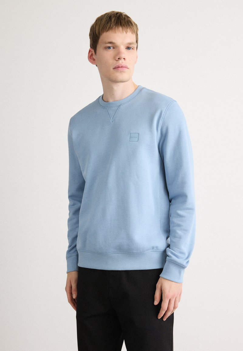 Ανοιχτό μπλε φούτερ από μαλακό υλικό, με στρογγυλή λαιμόκοψη, μακριά μανίκια και ένα μικρό λογότυπο στην περιοχή του στήθους. Απλός σχεδιασμός.