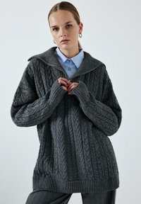 Šedý svetr s pleteným vzorem a vysokým límcem na zip. Obsahuje žebrované manžety a lem. Nosený přes světle modrou košilovou košili.