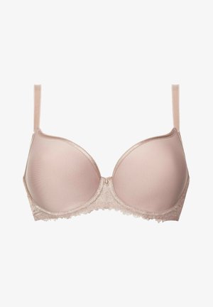 Helle beige gepolsterte BH mit Spitzensaum entlang der unteren Kante, verstellbaren Trägern, glatten Cups und einem kleinen dekorativen Detail in der Mitte.