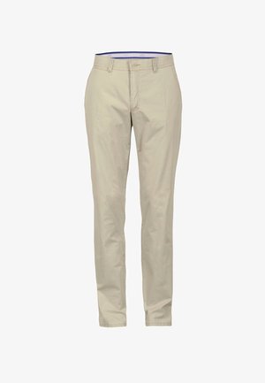 Beige Baumwollchinos mit geradem Bein, Gürtelschlaufen und Reißverschluss. Glatte Textur, keine Muster und ein subtiler Glanz.