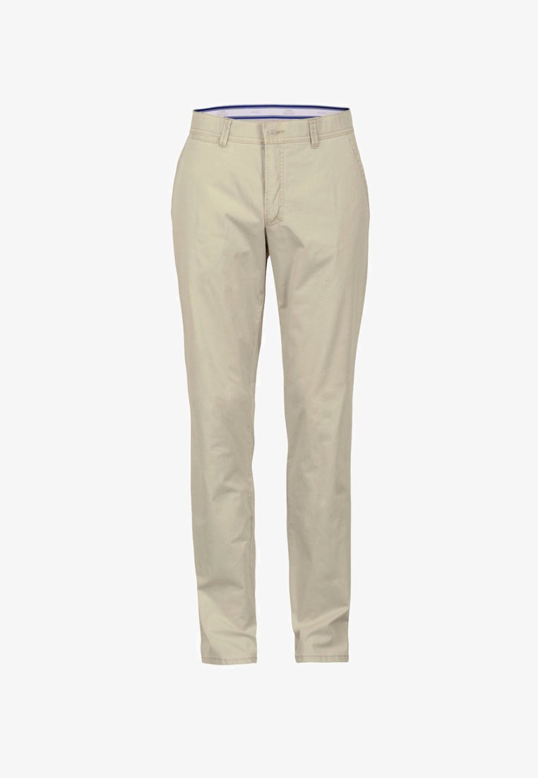 Beige Baumwollchinos mit geradem Bein, Gürtelschlaufen und Reißverschluss. Glatte Textur, keine Muster und ein subtiler Glanz.