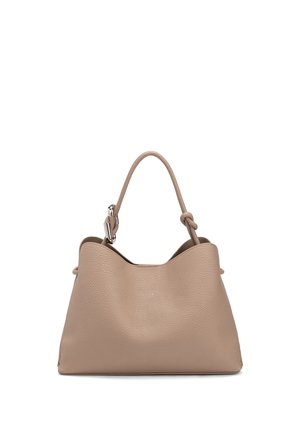 Sac à main en cuir beige texturé avec une seule poignée supérieure ornée d'un détail en nœud et des éléments métalliques argentés, sur fond blanc.