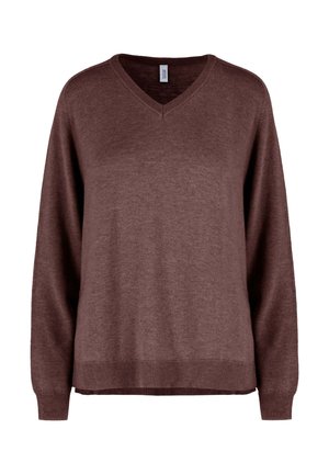 Maglione marrone a maniche lunghe con scollo a V, polsini e orlo a coste, mostrato su uno sfondo bianco semplice.
