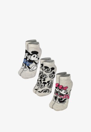 Three pairs of gray ankle socks featuring black and white cartoon mouse faces, one with blue shorts and one with a pink bow and polka-dot skirt.