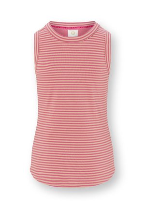 Mouwloos geribd tanktop met roze en beige horizontale strepen, ronde halslijn en licht gebogen zoom.