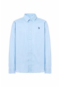 Camicia azzurra a maniche lunghe con bottoni, realizzata in cotone, caratterizzata da un colletto classico, una patta frontale e un piccolo logo ricamato sul petto.
