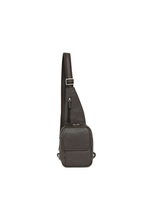 Borsa a tracolla in pelle nera con tasca frontale con zip, tracolla regolabile e finitura strutturata. Forma rettangolare compatta.