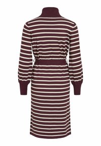 Rö striped kleit, millel on kõrge kaelus, pikad varrukad ja vööga talje, vaheldumisi burgundi ja kreemi värvi horisontaalsete rippudega.