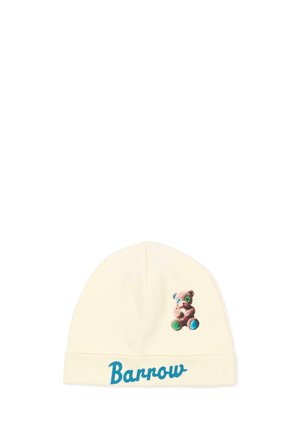 Gorro de lana color crema con un pequeño gráfico de un osito y la palabra "Barrow" escrita en azul en el puño doblado.