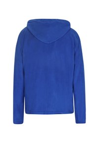 Felpa blu in pile con maniche lunghe e cappuccio. Tessuto morbido, colore uniforme e orlo dritto in vita. Senza chiusure visibili o motivi.