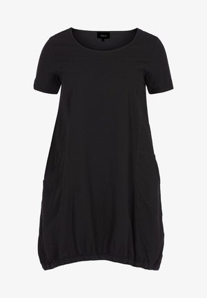 Schwarzes Freizeitkleid mit kurzen Ärmeln, rundem Ausschnitt, Seitentaschen und elastischem Saum, knielang und locker geschnitten.