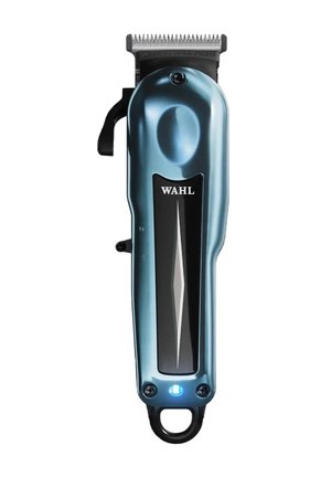 Metallic blue Wahl hair clipper with black grip, blade at top, and blue power indicator light at bottom.