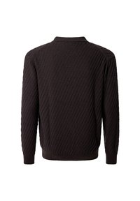 Schwarzer Strickpullover mit einem strukturierten, diagonalen Muster, langen Ärmeln und einem Kragen. Die Rückansicht betont das Designdetail.