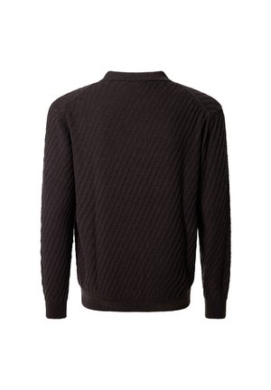 Schwarzer Strickpullover mit einem strukturierten, diagonalen Muster, langen Ärmeln und einem Kragen. Die Rückansicht betont das Designdetail.