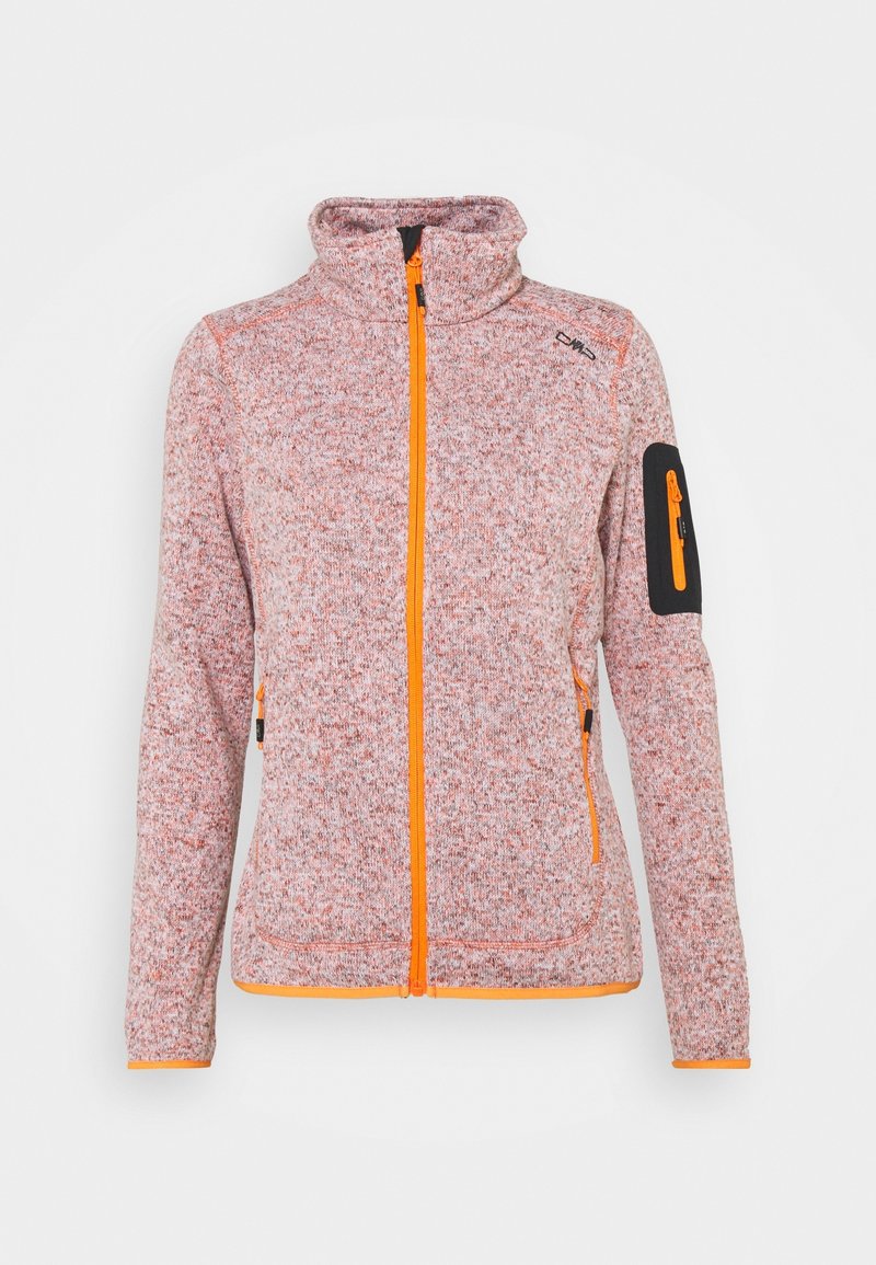 Veste en maille rose et grise zippée avec col montant, bordure de fermeture éclair orange, poches latérales et une poche zippée sur la manche gauche avec un patch noir.