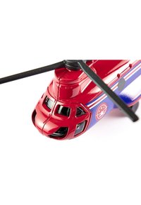 Red plastic helicopter model with black rotor blades, featuring a glossy finish and blue accents along the side, plus black windows.