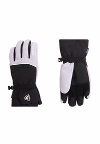 Guanti isolati in bianco e nero con esterno impermeabile, polsino elastico e accenti con logo; palmo strutturato per presa e supporto.