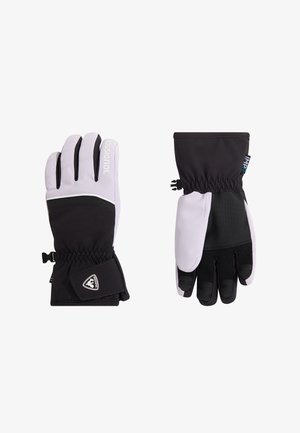 Černé a bílé izolační rukavice s voděodolným povrchem, elastickým zápěstím a akcenty loga; texturovaná dlaň pro lepší úchop a podporu.