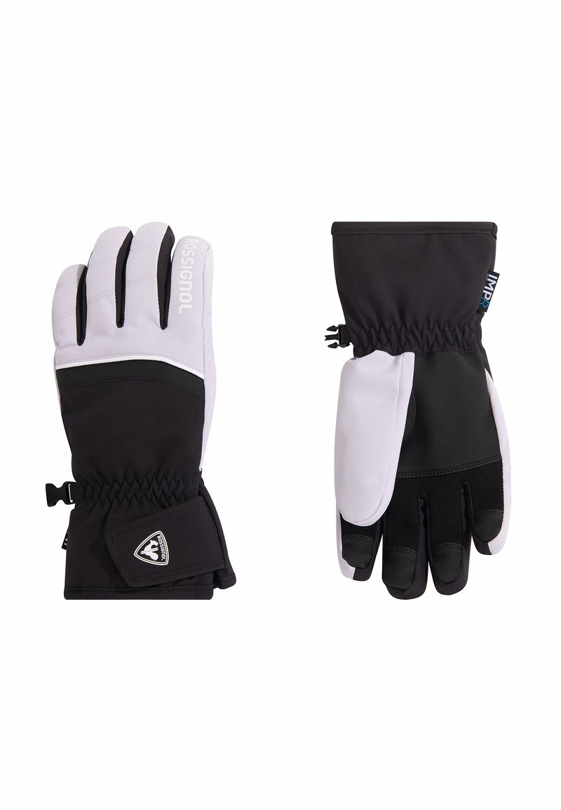 Guanti isolati in bianco e nero con esterno impermeabile, polsino elastico e accenti con logo; palmo strutturato per presa e supporto.