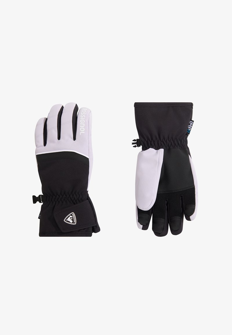 Guanti isolati in bianco e nero con esterno impermeabile, polsino elastico e accenti con logo; palmo strutturato per presa e supporto.