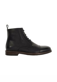 Black leather ankle boot with a round toe, lace-up front, and a small loop on the back, featuring a stacked heel and minimal stitching.