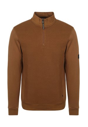 Bruine zip-up sweatshirt met een textuurpatroon op de bovenkant van de voorkant, een effen ondergedeelte en geribde manchetten. Heeft een staande kraag en een logo aan de zijkant.
