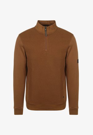 Brauner Reißverschluss-Sweatshirt mit einem strukturierten Muster im oberen Vorderteil, solidem unteren Abschnitt und gerippten Bündchen. Verfügt über einen Stehkragen und ein Seitenlogo.