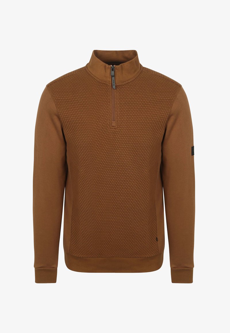 Bruine zip-up sweatshirt met een textuurpatroon op de bovenkant van de voorkant, een effen ondergedeelte en geribde manchetten. Heeft een staande kraag en een logo aan de zijkant.