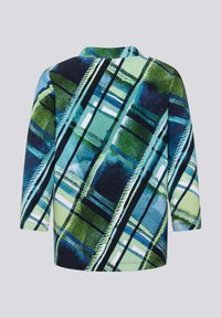 Langärmelige Jacke mit einem lebendigen abstrakten Karomuster in Grüntönen, Blau und Schwarz auf hellem Hintergrund.