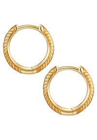 Zelta auskari gredzenveida formā ar griezīgu tekstūru uz ārējās malas, iekšpusē gludiem, un ar drošu aizdari.