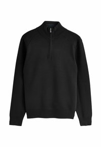 Jersey negro con cuello de cremallera y mangas largas, confeccionado en un material de punto suave. Diseño simple y clásico.