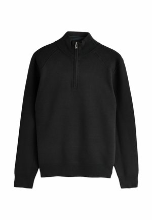 Jersey negro con cuello de cremallera y mangas largas, confeccionado en un material de punto suave. Diseño simple y clásico.