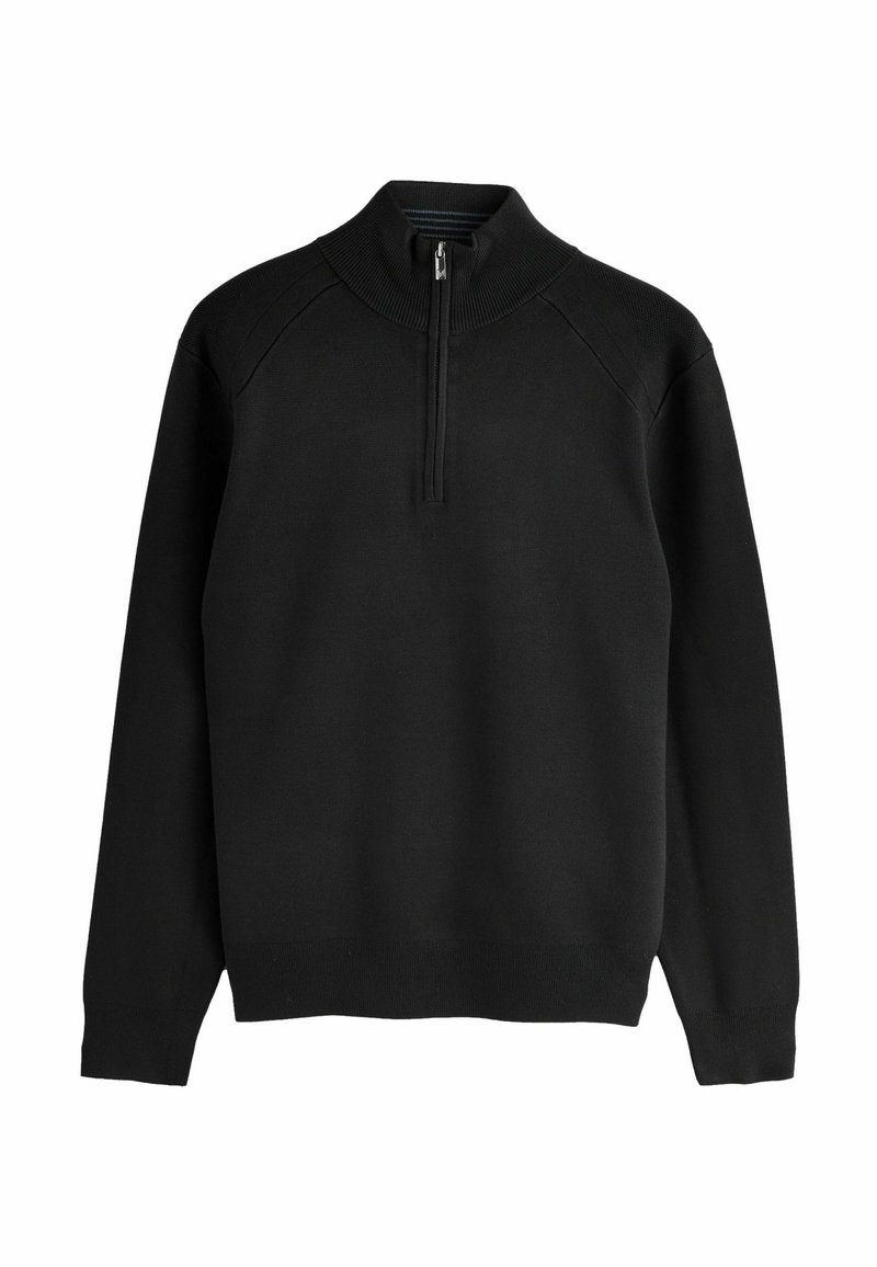 Schwarzer Zip-Hals-Pullover mit strukturiertem Rippenkragen und langen Ärmeln, gefertigt aus weichem Strickmaterial. Einfaches, klassisches Design.