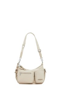 Borsa a spalla beige in pelle sintetica, dotata di due tasche frontali, una tracolla testurizzata e un branding discreto sul lato.