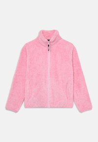 Rožinė pūkinė striukė su aukštu apykakle, pilnu užtrauktuku ir tekstūruotu audiniu. Su šoninėmis kišenėmis ir švelnia, pūkuota išvaizda.