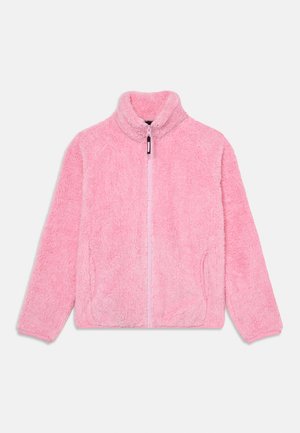 Rosa fleecejacka med hög krage, hel dragkedja och texturerad tyg. Har sidofickor och en mjuk, fluffig look.
