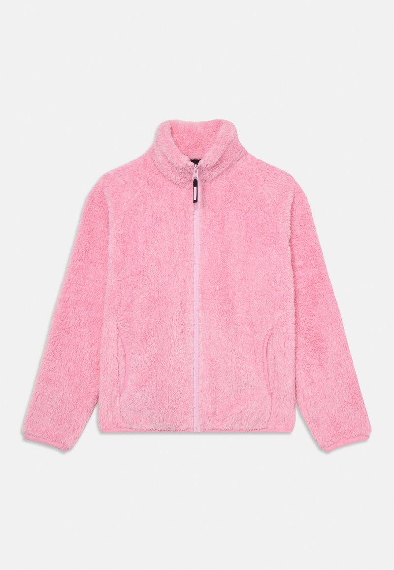 Rožinė pūkinė striukė su aukštu apykakle, pilnu užtrauktuku ir tekstūruotu audiniu. Su šoninėmis kišenėmis ir švelnia, pūkuota išvaizda.