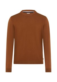 Bruine gebreide trui met lange mouwen en een geribde ronde hals. Zachte textuur, rechte zoom en minimalistisch design. Geen patronen of accenten.