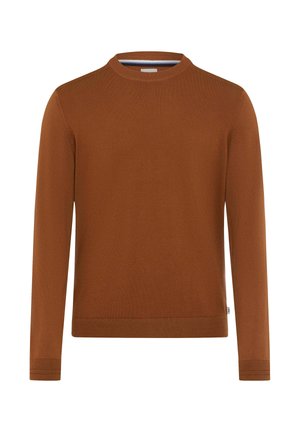 Brauner gestrickter Pullover mit langen Ärmeln und einem gerippten Rundhalsausschnitt. Weiche Textur, gerader Saum und minimalistisches Design. Keine Muster oder Verzierungen.