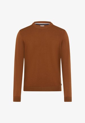 Pull en maille marron à manches longues et col rond côtelé. Texture douce, ourlet droit et design minimaliste. Pas de motifs ni d'accents.