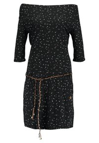 Zwarte jurk met off-shoulder halslijn, driekwartmouwen en een meerkleurig stippenpatroon. Bevat een gevlochten bruine riem en zijzakken.