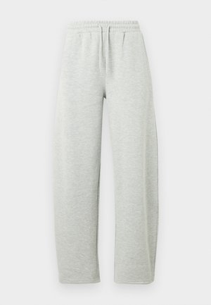Jasnoszare spodnie dresowe z elastycznym pasem i sznurkiem do wiązania. Tkanina ma miękką fakturę, a nogawki są proste i luźne.